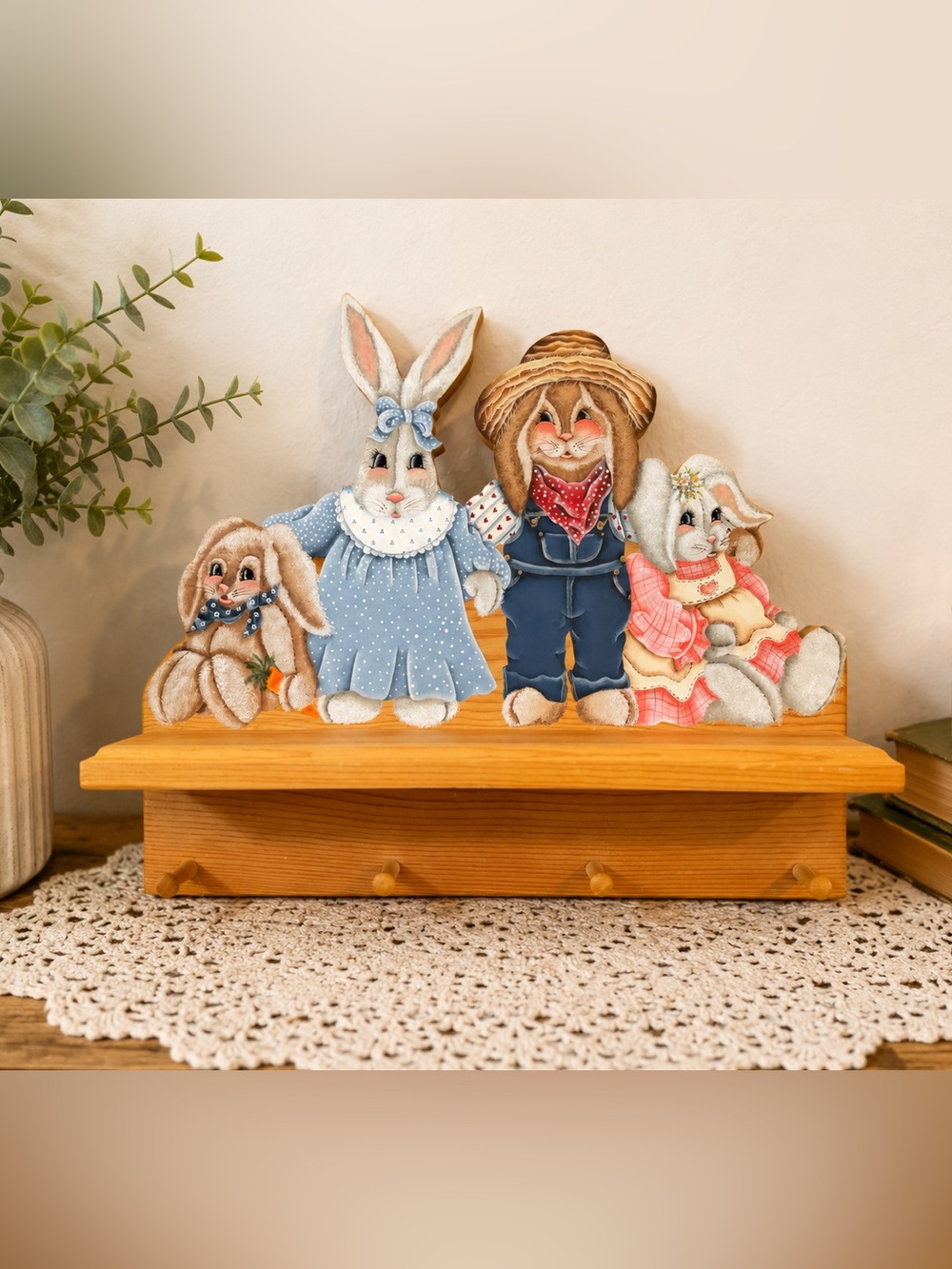 Hand-Painted Bunnies | Wooden Wall Shelf With 4 Peg Coat Rack